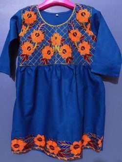 Blue Floral Embroidered Lawn Frock For Girls