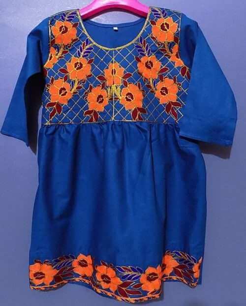 Blue Floral Embroidered Lawn Frock