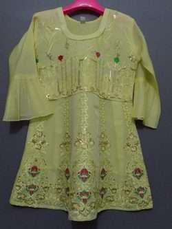 Cute Light Yellow Paper Cotton Embroidered Kurti For Girls