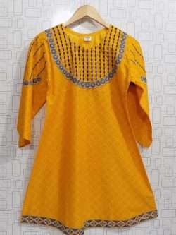 Elegant Looking Yellow Cotton Embroidered Kurti For Girls