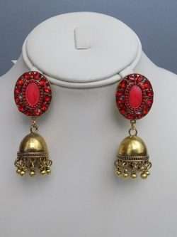 Red Oval Shaped with Golden Bells Earrings