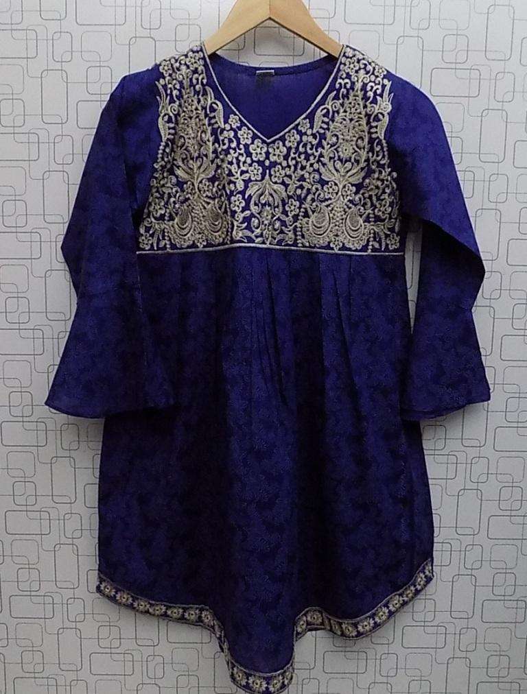 Beautiful Navy Blue Embroidered Cotton Kurti For Girls