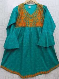 Beautiful Seagreen Embroidered Cotton Kurti For Girls