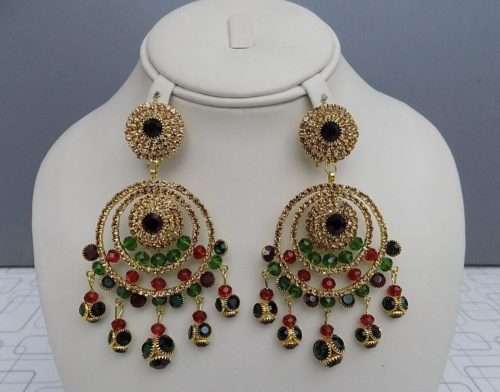 Traditional Golden Earrings with Green and Maroon Beads
