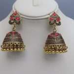 Traditional Styled Jhumkay In Golden Colour In 2 Colour Crystals