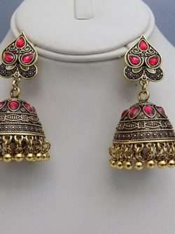 Traditional Styled Jhumkay In Golden Colour In 2 Colour Crystals