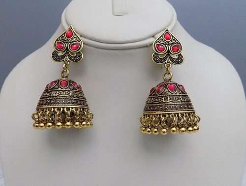 Traditional Styled Jhumkay In Golden Colour With Pink Crystals