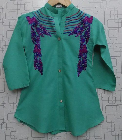 Spring Green Embroidered Lawn Kurti For Baby Girls