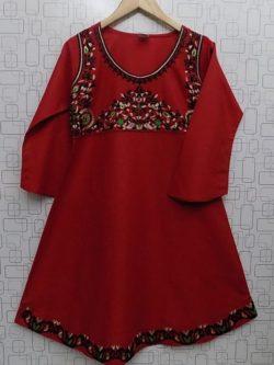 Beautiful Blood Red Embroidered Lawn Kurti For Girls