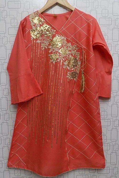Coral Pink Beautifully Embroidered Lawn Kurti For Girls