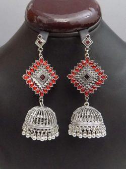 Stylish Silver and Golden Jhumkay With Red and Pink Crystals