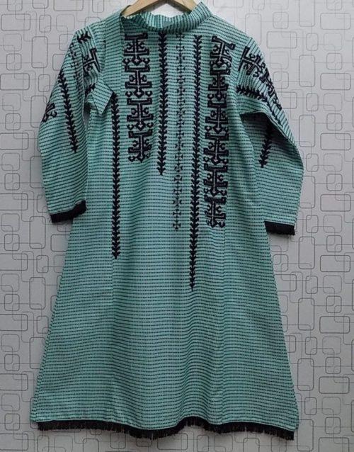 Stylish Arctic Blue Embroidered Lawn Kurti For Girls