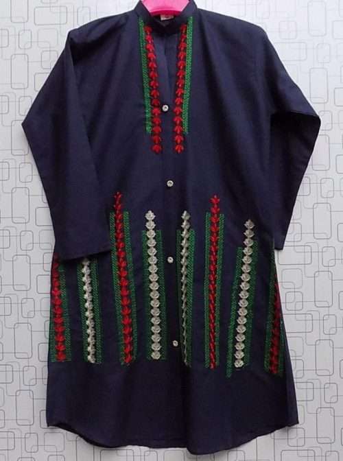 Decent Oxford Blue Embroidered Lawn Kurti For Girls
