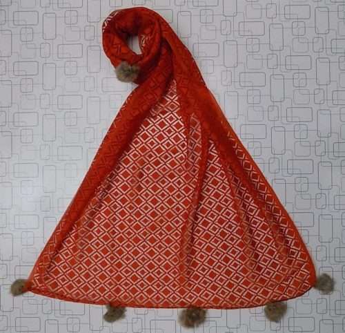 Orange Colour With Balls Net Stole For Everyday Use
