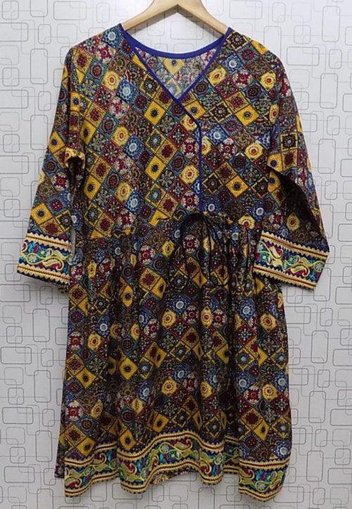 Linen Multi-colour Printed Frock With Embroidery For Ladies