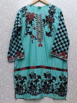 Sea Green Rich Embroidered 2-Piece Linen Dress For Ladies