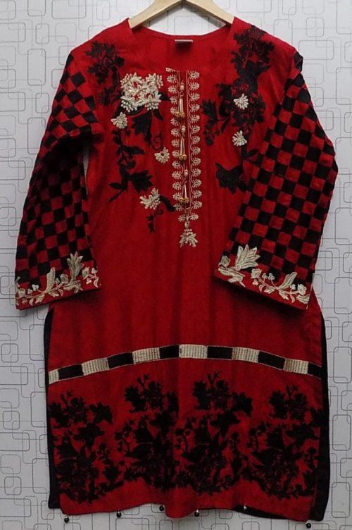 Red Rich Embroidered 2-Piece Linen Dress For Ladies