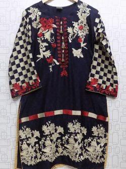 Oxford Blue Rich Embroidered 2-Piece Linen Dress For Ladies