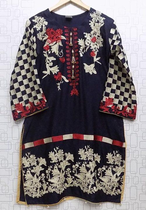 Oxford Blue Rich Embroidered 2-Piece Linen Dress For Ladies