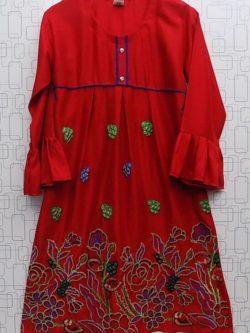 Beautiful Floral Embroidered Red Linen Kurti For Girls
