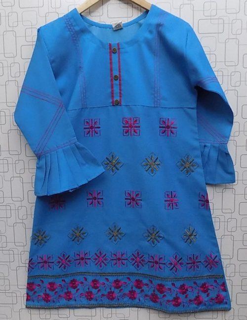 Beautifully Embroidered on Durable Sky Blue Jeans Kurti For Girls