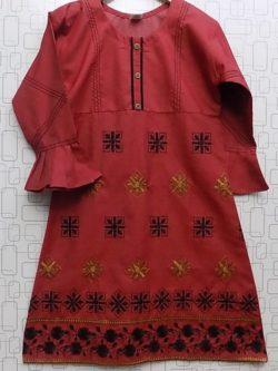 Beautifully Embroidered on Durable Red Jeans Kurti For Girls