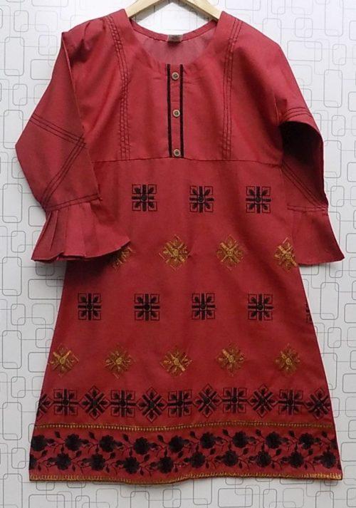 Beautifully Embroidered on Durable Red Jeans Kurti For Girls