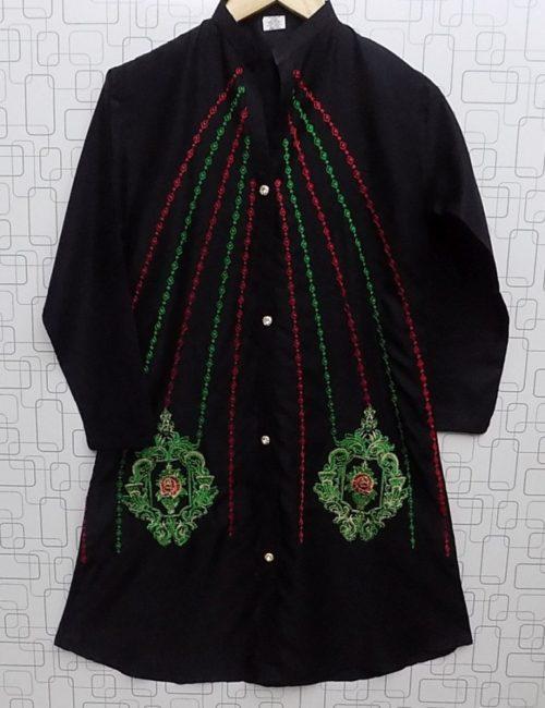 Decent Black Embroidered Linen Kurti For Girls