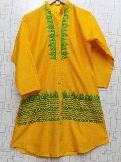 Dark Yellow Embroidered Linen Kurti With Beads For Girls