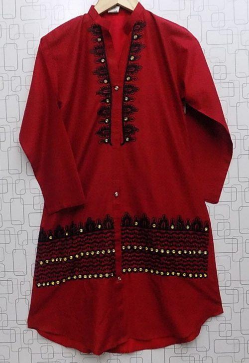 Red Embroidered Linen Kurti With Beads For Girls