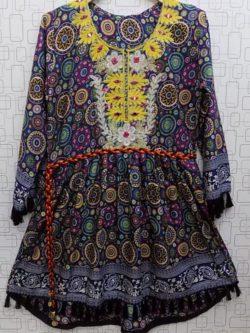 Multi-colour Printed & Embroidered Linen Frock For Ladies