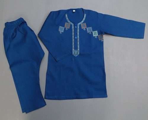 Peacock Blue Rich Embroidered Lawn Kurta Pajama For Boys 4-Sizes