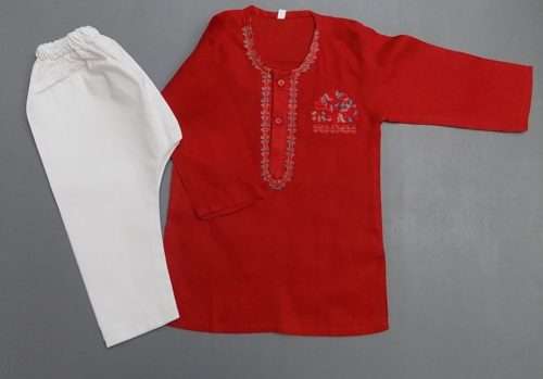 Adorable Red White Embroidered Cotton Kurta Pajama 4 Boys 4-Sizes