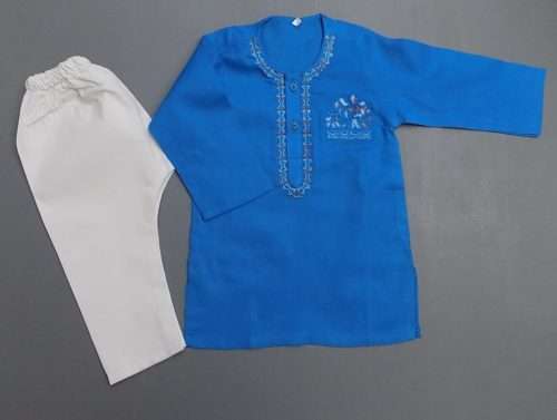 Adorable Blue White Embroidered Cotton Kurta Pajama 4 Boys 4-Sizes