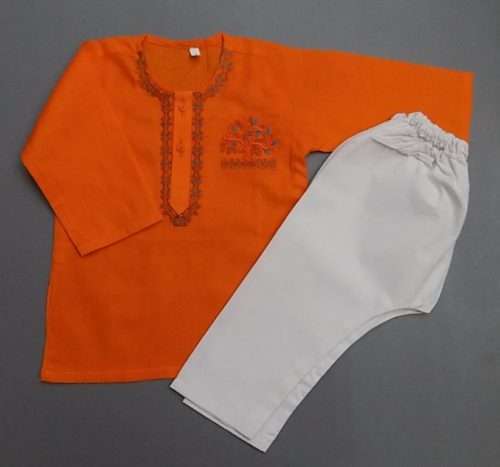 Adorable Orange White Embroidered Cotton Kurta Pajama 4-Sizes