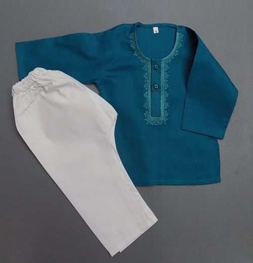 Adorable Seagreen White Embroidered Cotton Kurta Pajama 4-Sizes