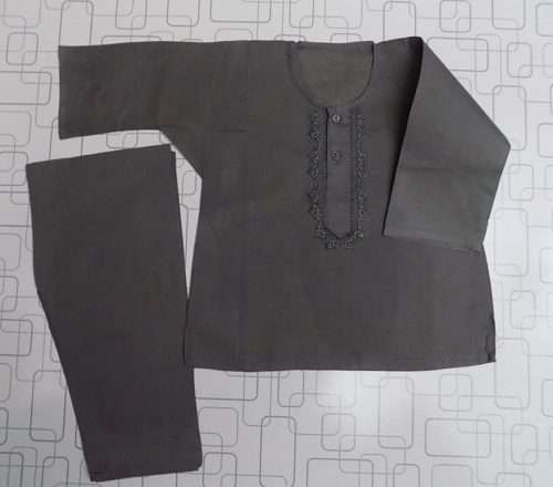 Casual Use Ash Grey Embroidered Cotton Boys Shalwar Kurta 0 Size