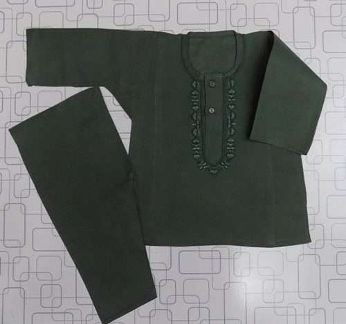 Casual Use Forest Green Embroidered Cotton Boys Shalwar Kurta 0 Size