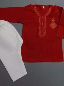Cute Red White Embroidered Cotton Kurta Pajama 4 Boys 4-Sizes