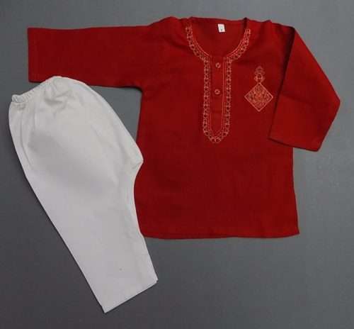 Cute Red White Embroidered Cotton Kurta Pajama 4 Boys 4-Sizes
