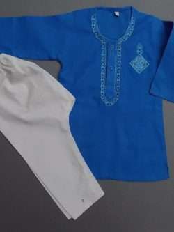 Cute Blue White Embroidered Cotton Kurta Pajama 4 Boys 4-Sizes