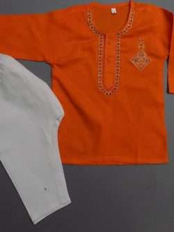 Cute Orange White Embroidered Cotton Kurta Pajama 4 Boys 4-Sizes