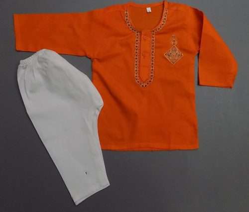 Cute Orange White Embroidered Cotton Kurta Pajama 4 Boys 4-Sizes