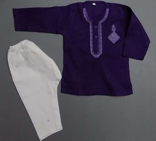 Cute Purple White Embroidered Cotton Kurta Pajama 4 Boys 4-Sizes