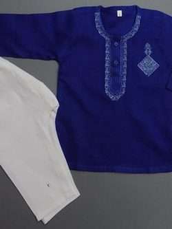 Cute Navy Blue White Embroidered Cotton Kurta Pajama 4 Boys 4-Sizes