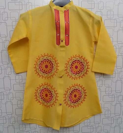 Cute Embroidered In Yellow Lawn Cotton Kurti For Baby Girls