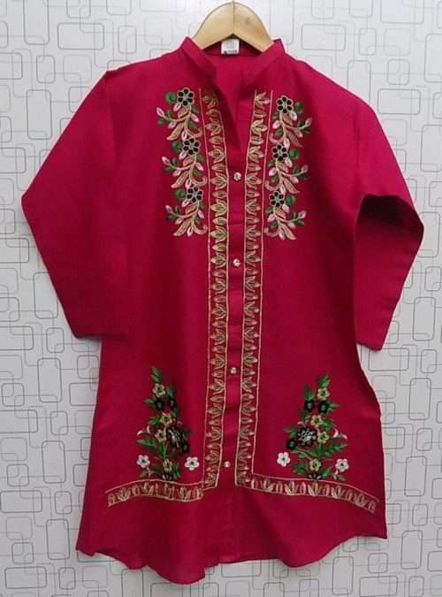Beautiful Floral Embroidered Ruby Pink Jacquard Kurti For Girls