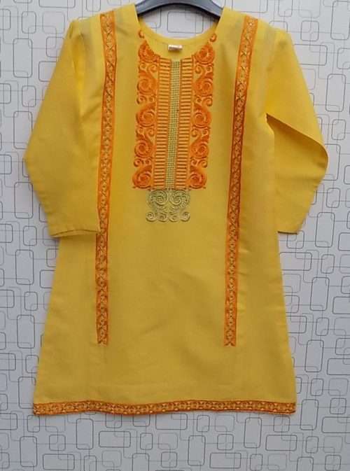 Attractive Embroidered Yellow Lawn Cotton Kurti For Girls
