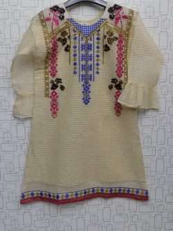 Stylish In Skin Colour Embroidered Paper Cotton Kurti For Girls