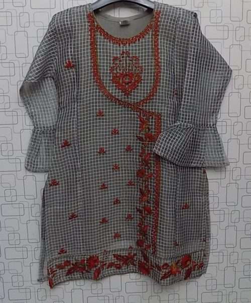 Stylish In Grey Colour Embroidered Paper Cotton Kurti For Girls